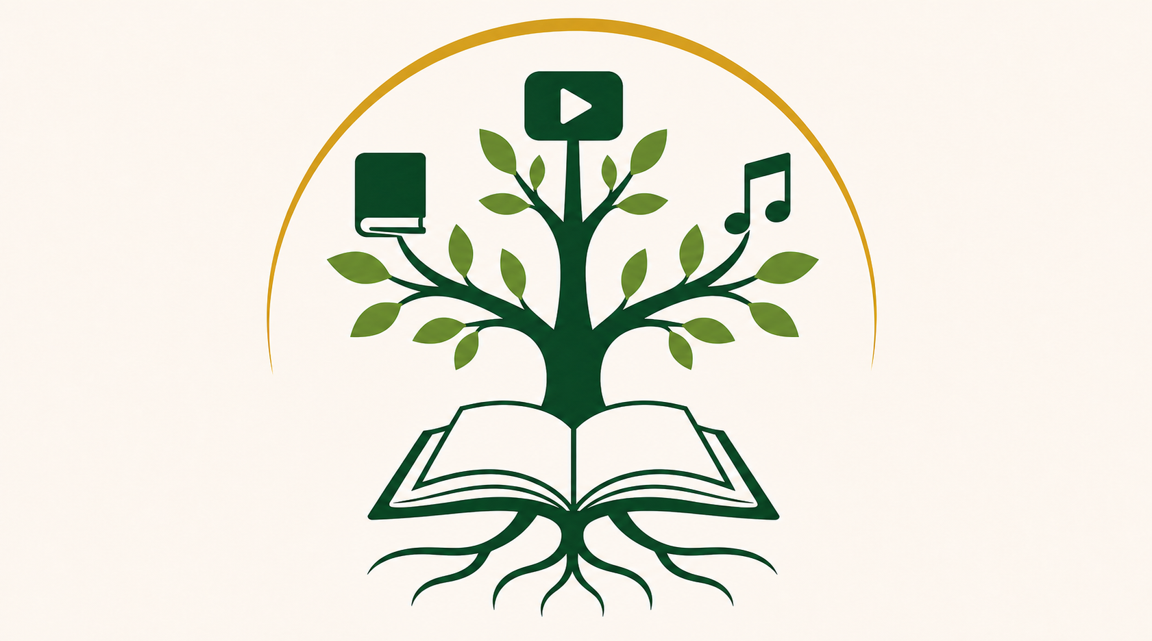 A rooted tree growing from an open Bible with book, video, and music symbols